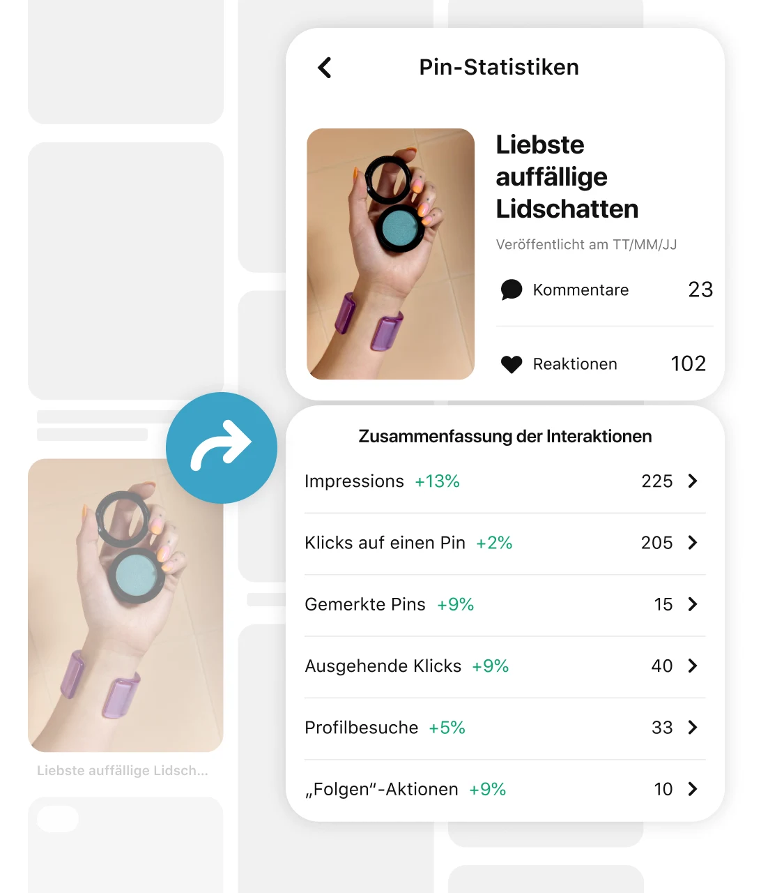 Hand wearing a chunky purple bracelet holding a blue eyeshadow compact in black pin grid with an arrow pointing to Pin stats and engagement metrics