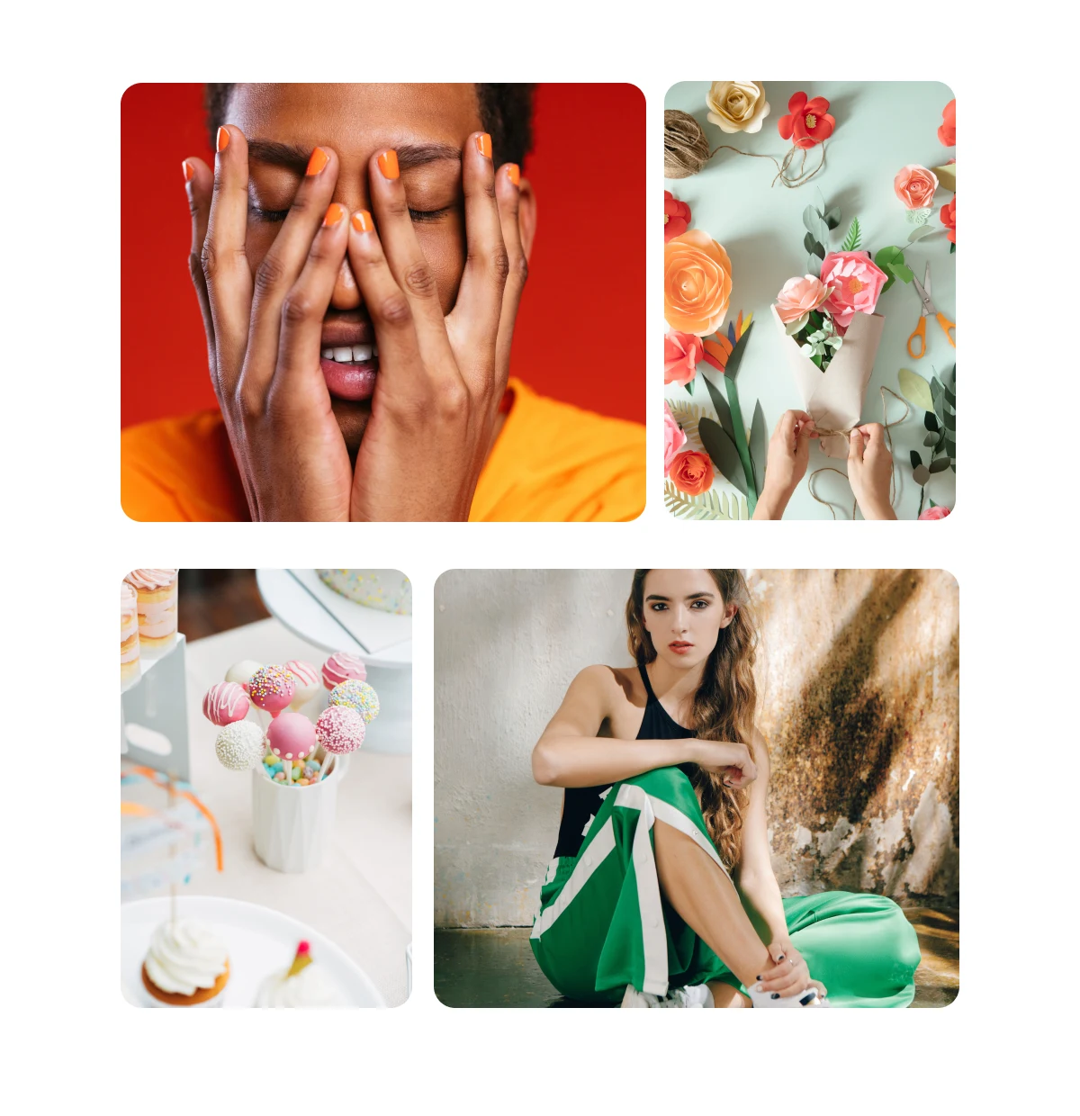 Grid of four images, including bright nails, fun arts and crafts, kids party food, sporty outfits