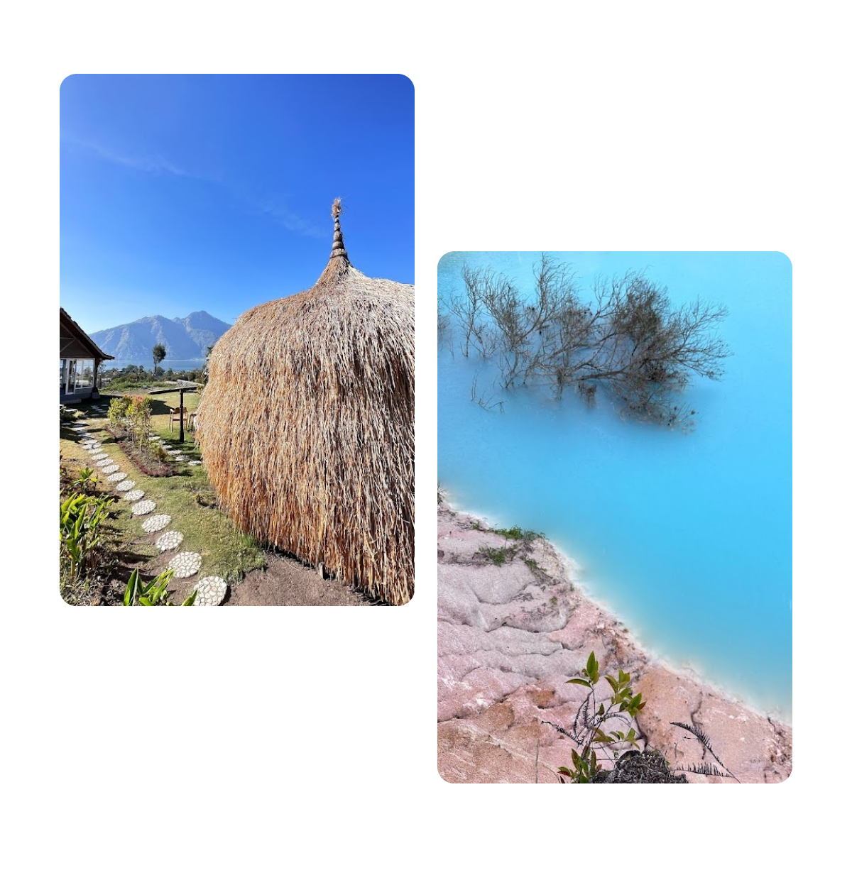 Two pins, straw hut in a village, blue water