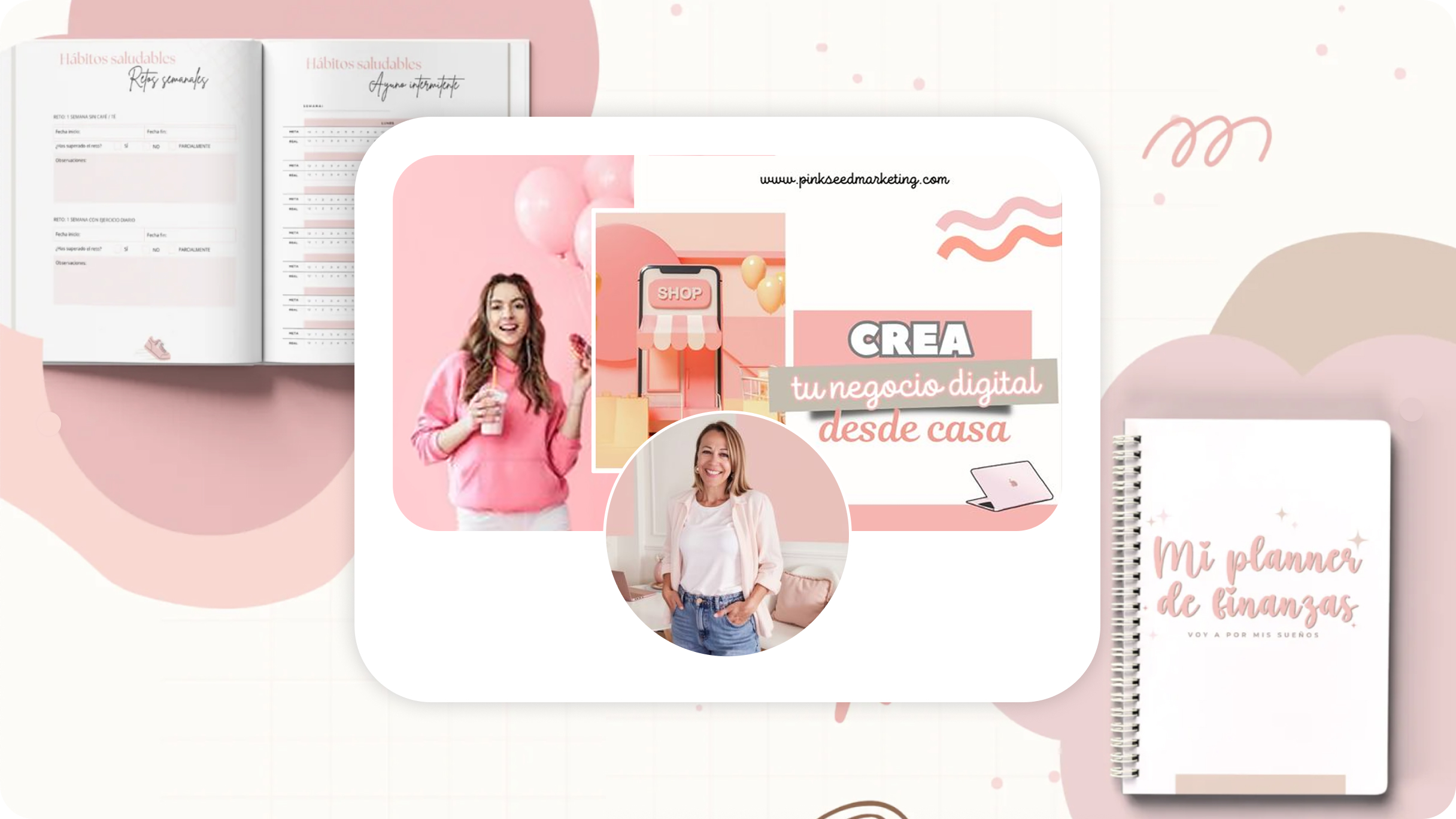 ماري ديوم، مؤسسة Pink Seed Marketing، أمام دفتر ملاحظات ومخطط مُزين برسومات، وخلفية أنيقة بدرجات اللون الوردي.