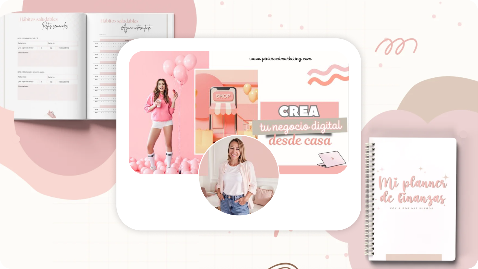 Marie Déom, founder of Pink Seed Marketing, in front of an illustrated notebook and planner with a pink aesthetic background.