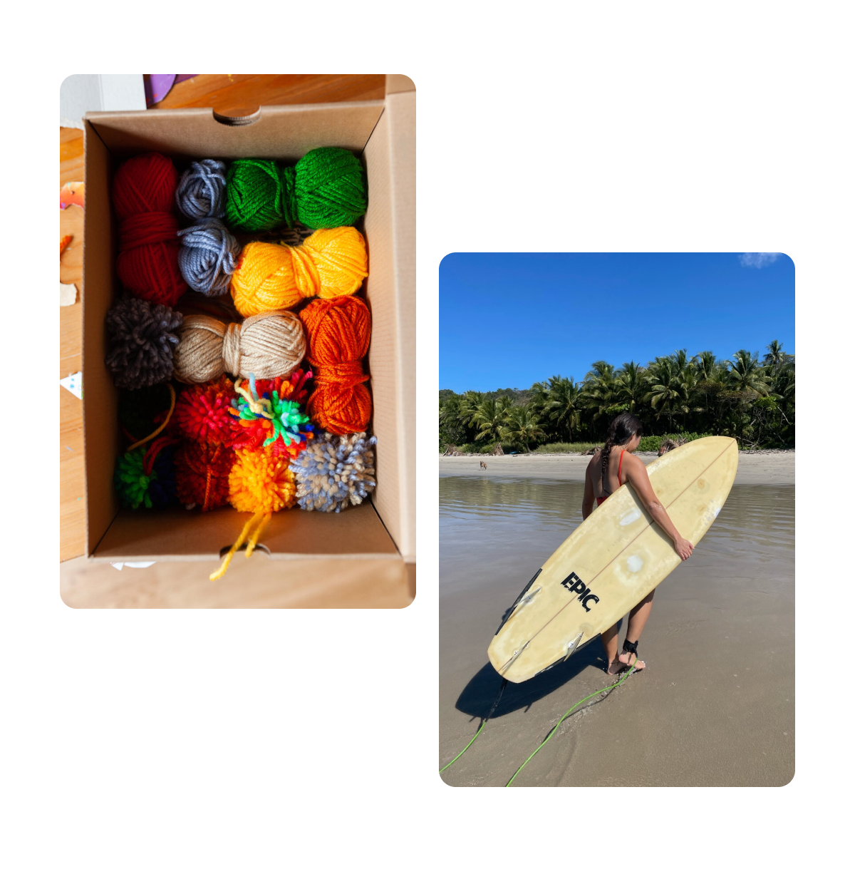 Two pins, box filled with colourful balls of yarn, woman carrying surf board