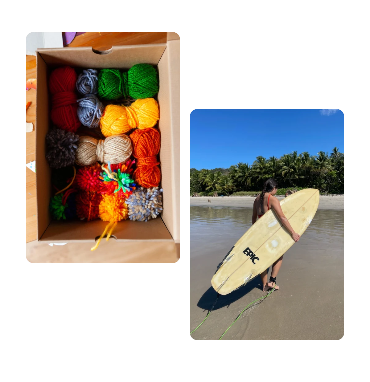 Two pins, box filled with colourful balls of yarn, woman carrying surf board