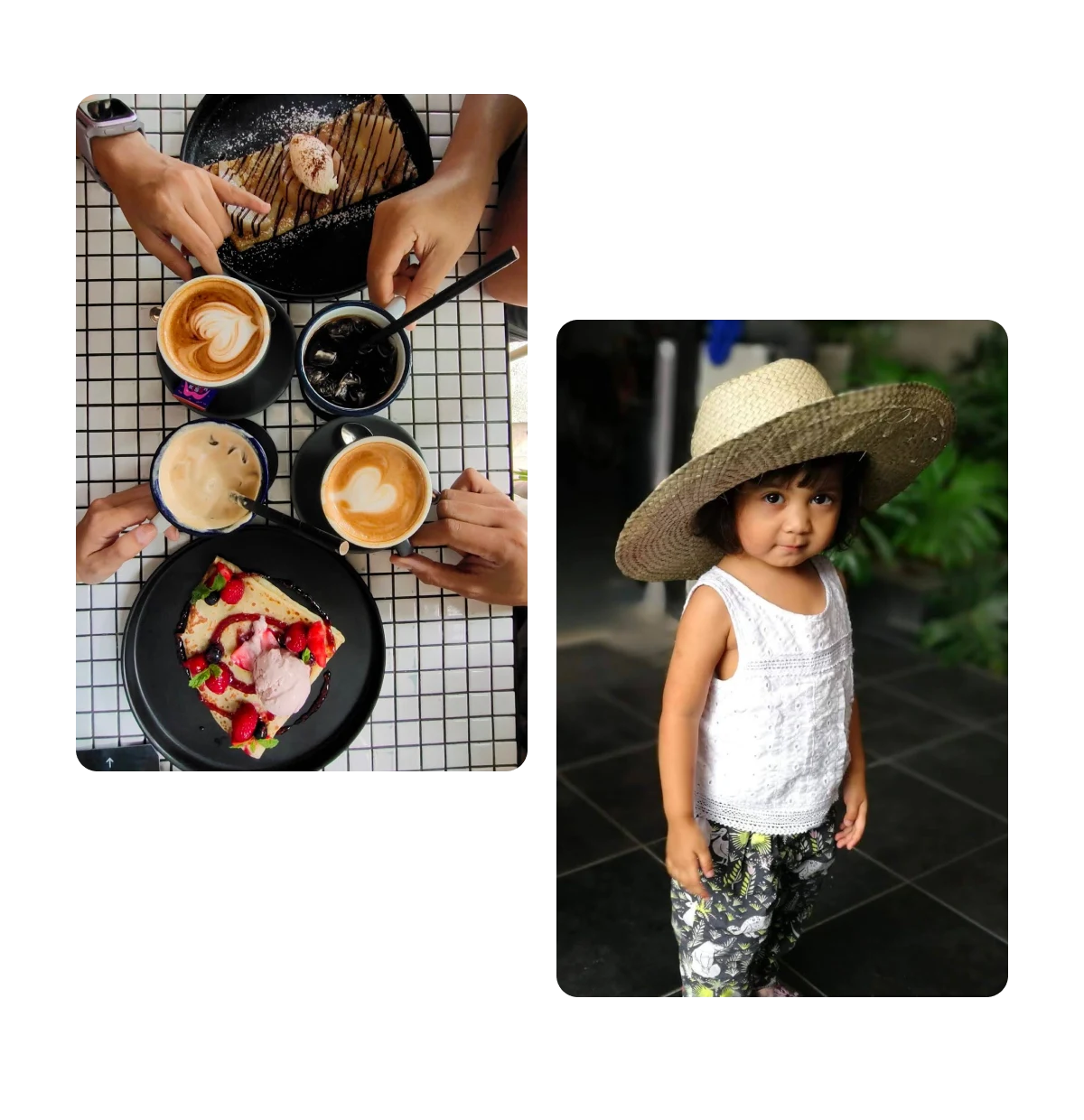 Two pins, overhead view of people sharing coffee and treats, young girl in straw hat