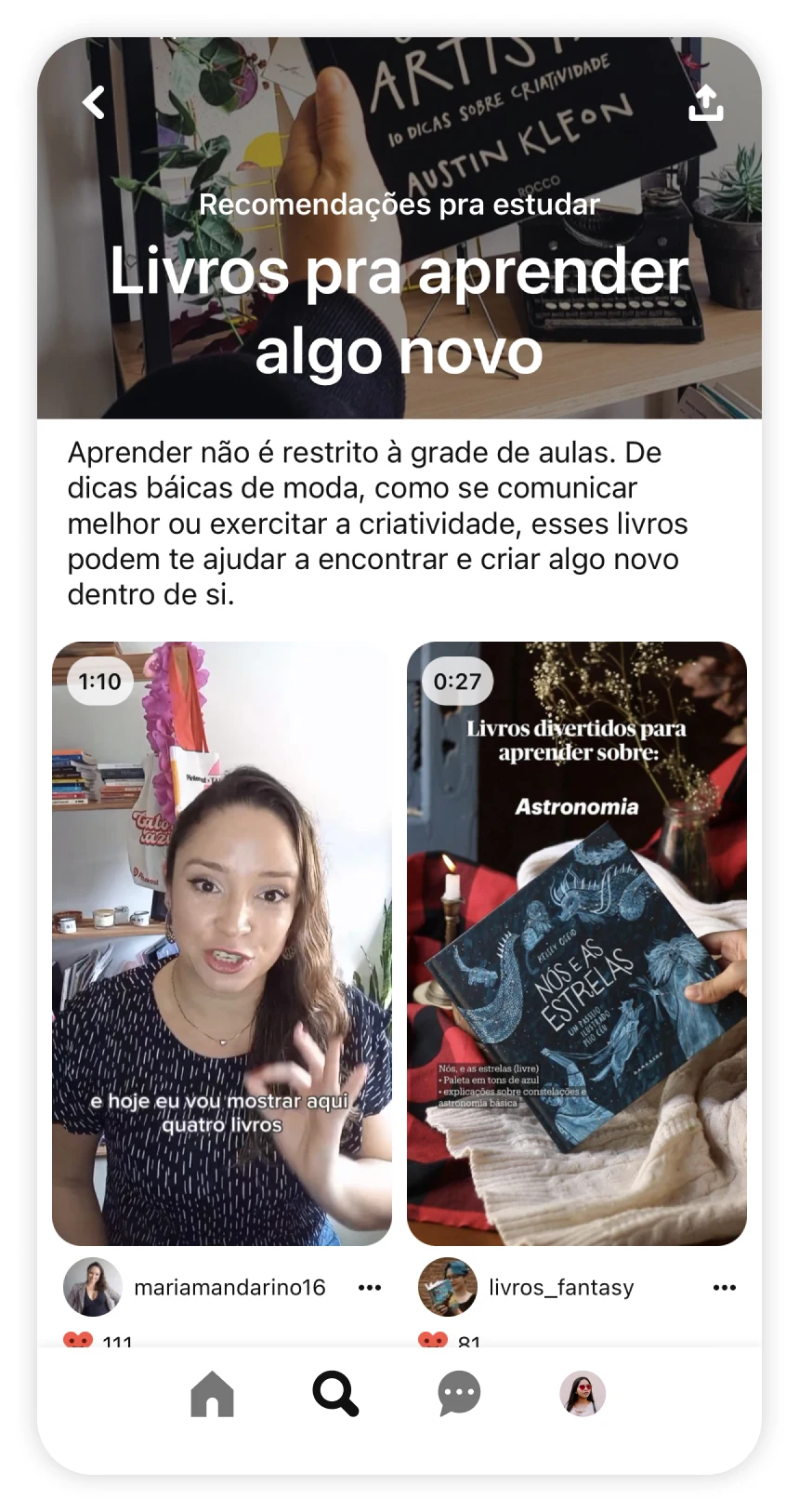 Captura de tela do aplicativo Pinterest mostrando artigo de tendência sobre "Livros pra aprender algo novo"