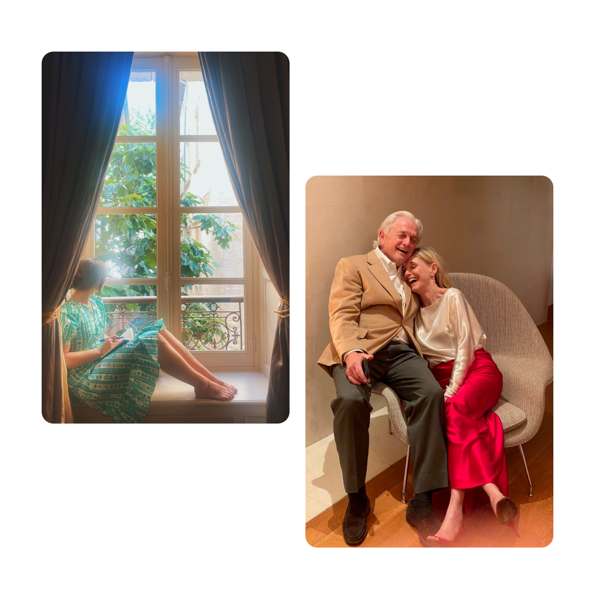 Two pins, woman sitting by window, elderly couple smiling