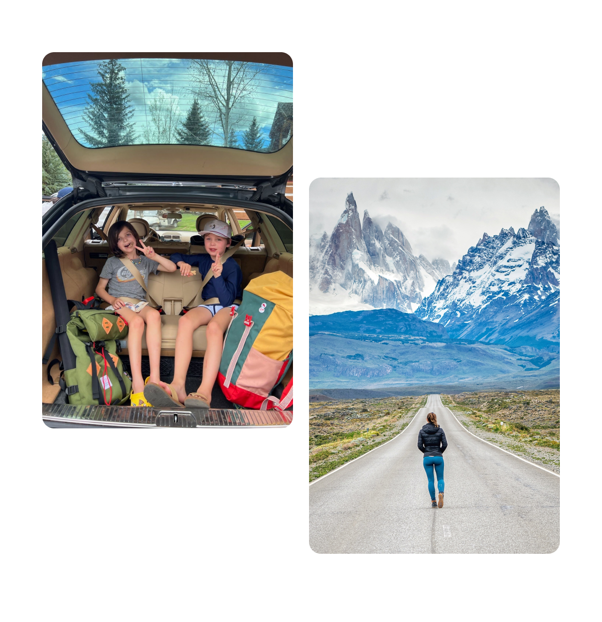 Two pins, two girls in backseat of car with backpacks, walking open road