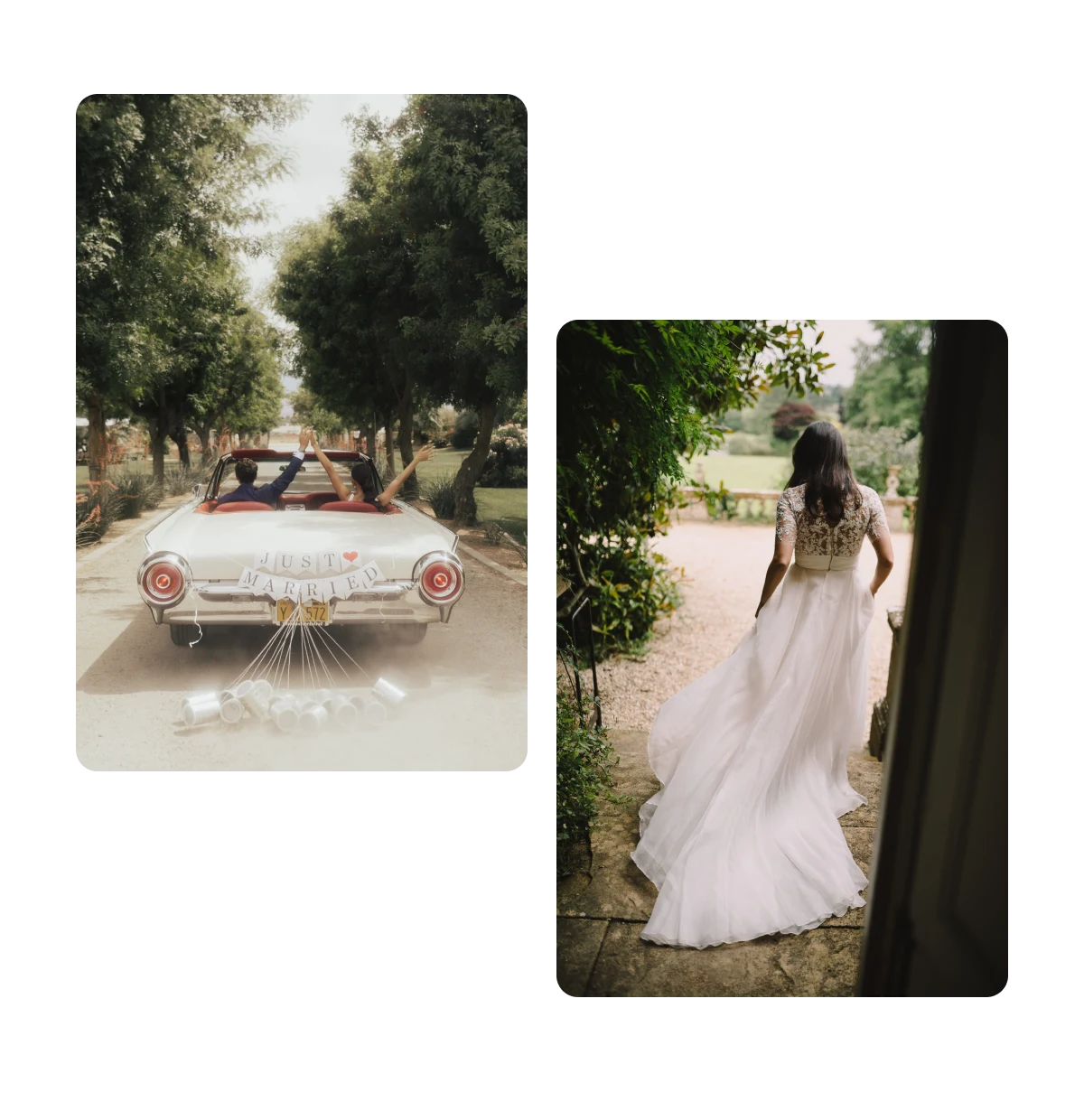 Zwei Pins, frisch Verheiratete im Hochzeitsauto, Rückenansicht einer Braut