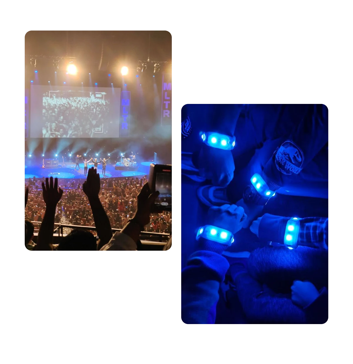 Two pins, people at a music concert, group showing glowing bracelets