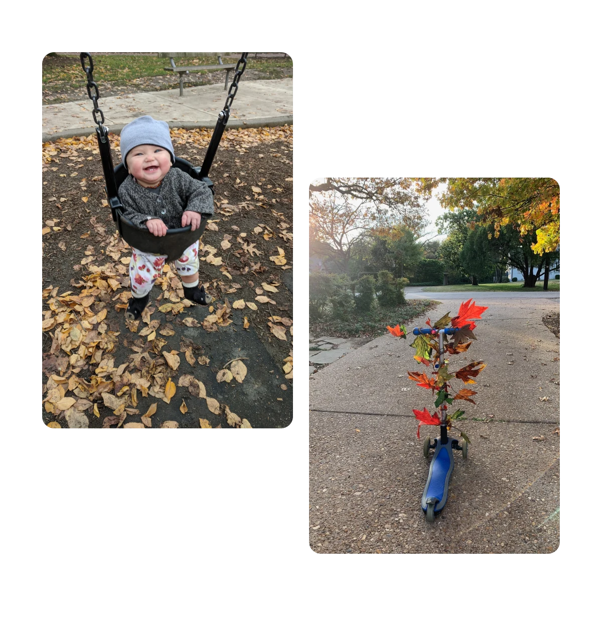 Two pins, baby in swing set, kid scooter with fall leaves