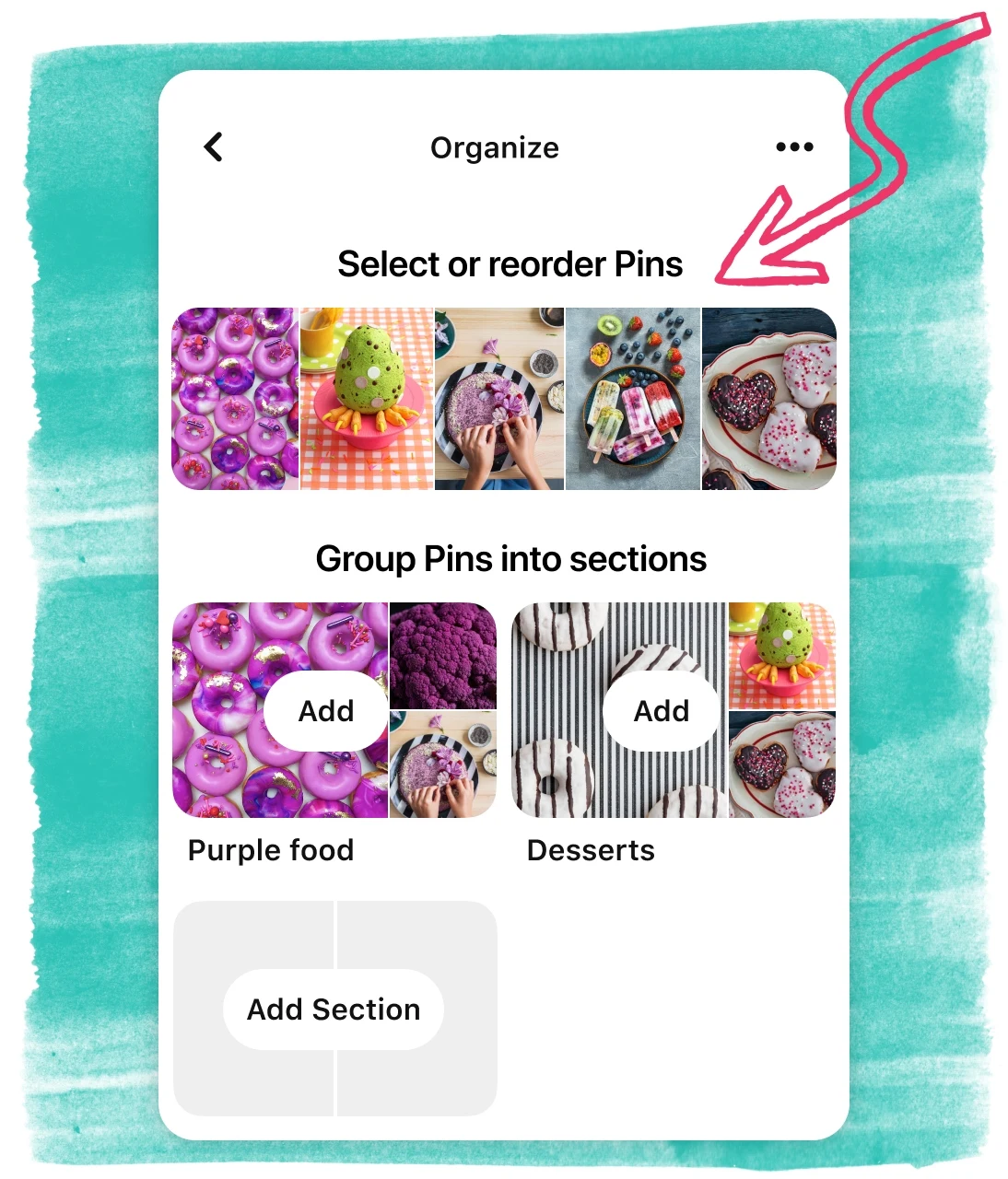 Organize boards page with pink arrow pointing at reorder/select pins row