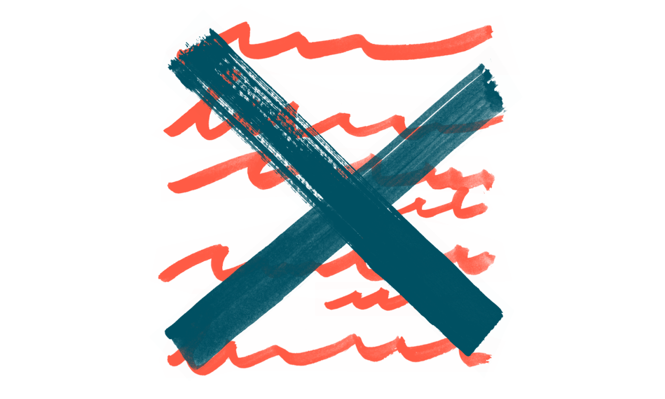 Illustration of teal x over orange wavy lines