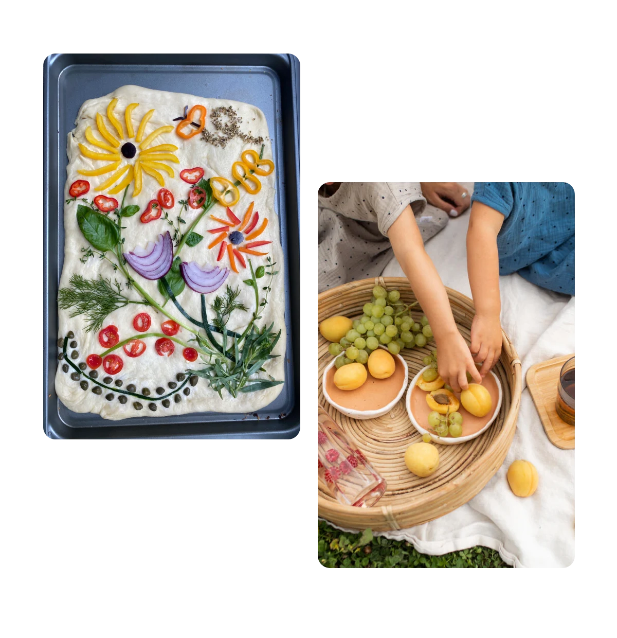 Two pins, floral focaccia bread, picnic with kids