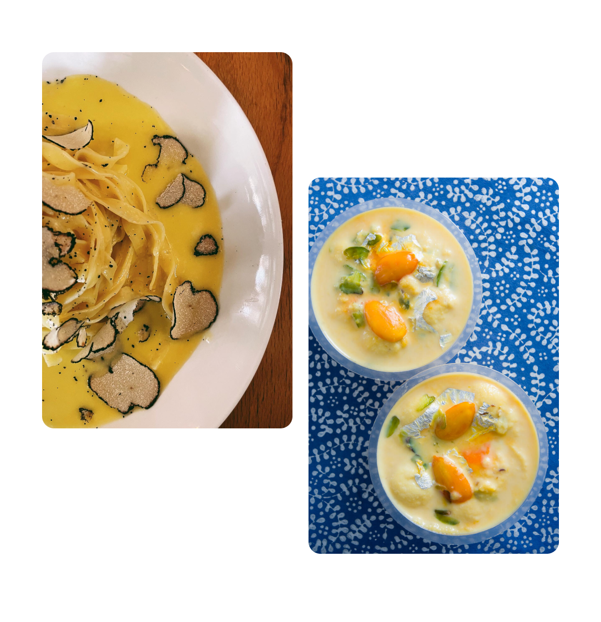 Two pins, truffle pasta dish, lima bean curry dish