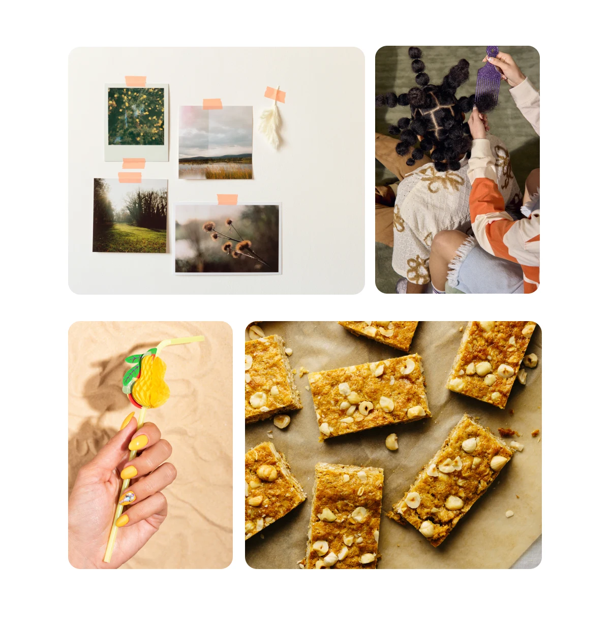 Grid of four images including travel journal ideas, summer hairstyles, tropical nails, healthy snacks