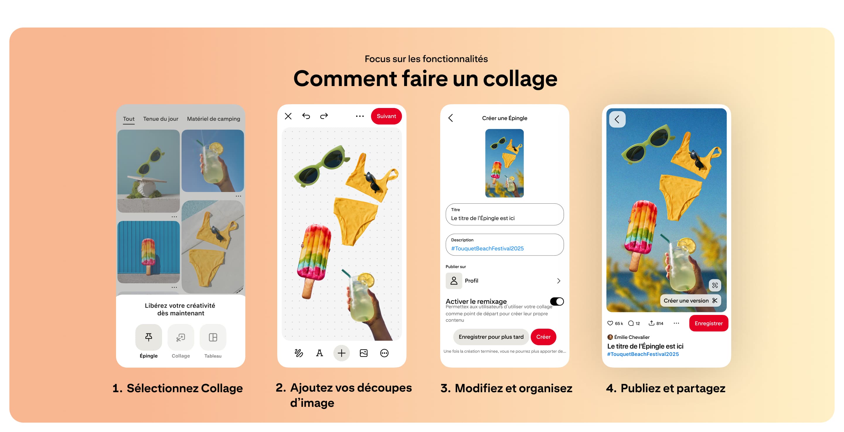 Product screens showing how to create a collage