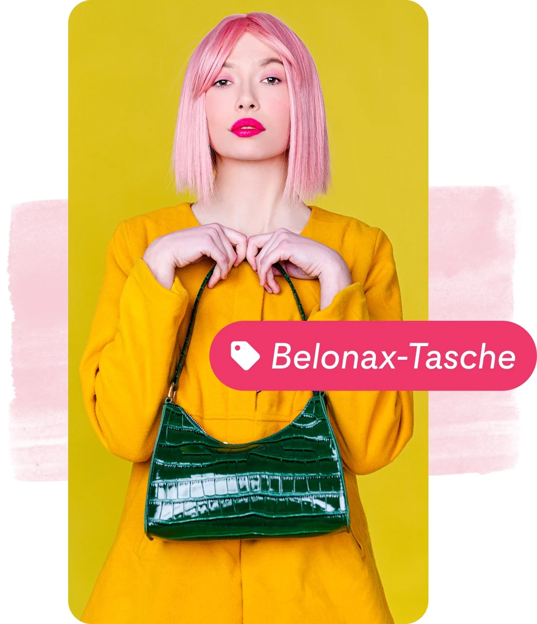 Pin collage of a woman with pink hair and yellow coat holding a green handbag, with a pink product tag.