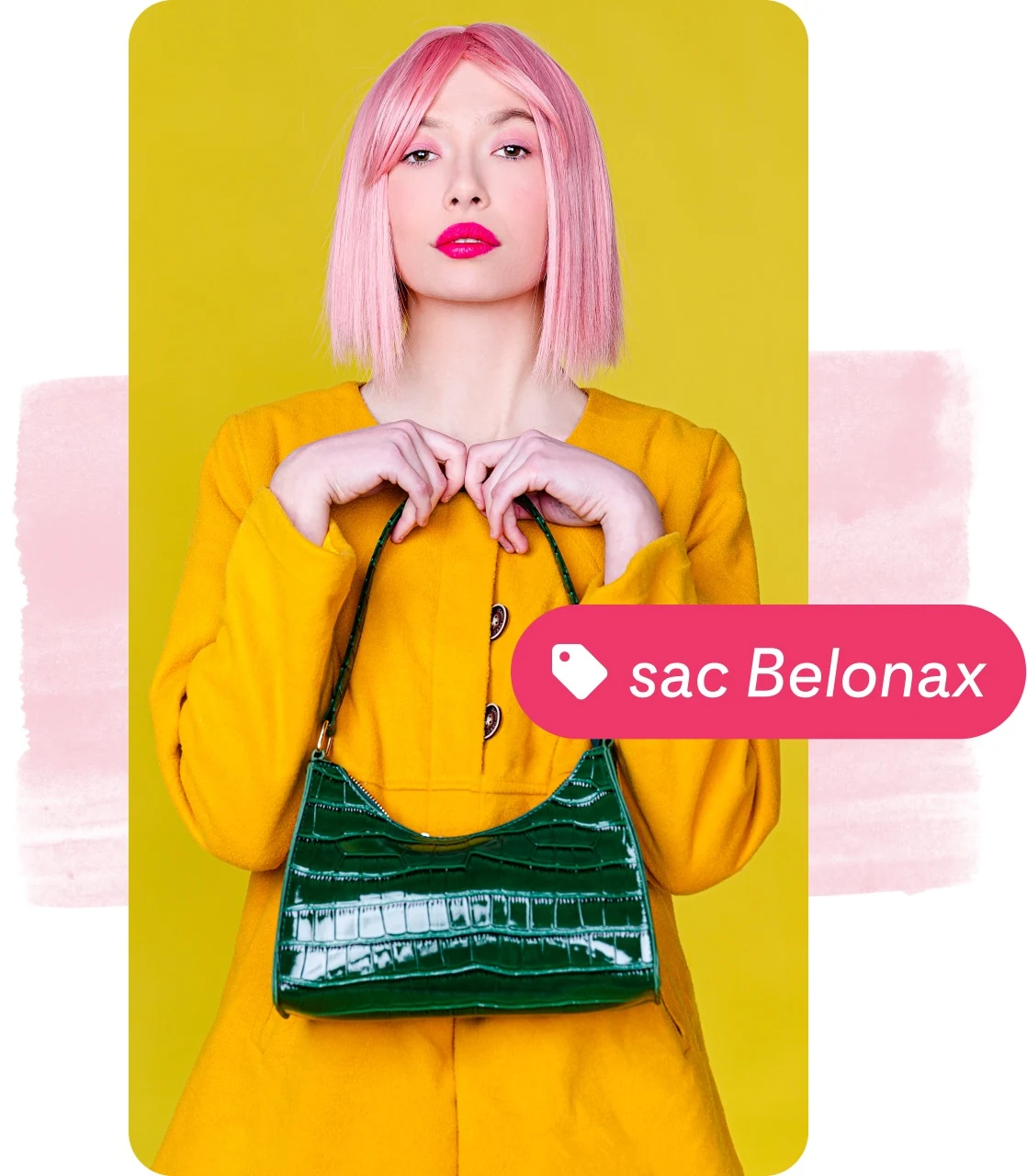 Pin collage of a woman with pink hair and yellow coat holding a green handbag, with a pink product tag.