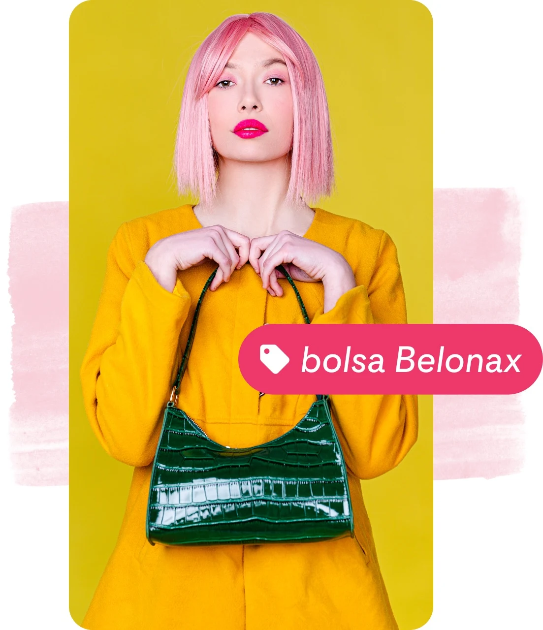 Pin collage of a woman with pink hair and yellow coat holding a green handbag, with a pink product tag.