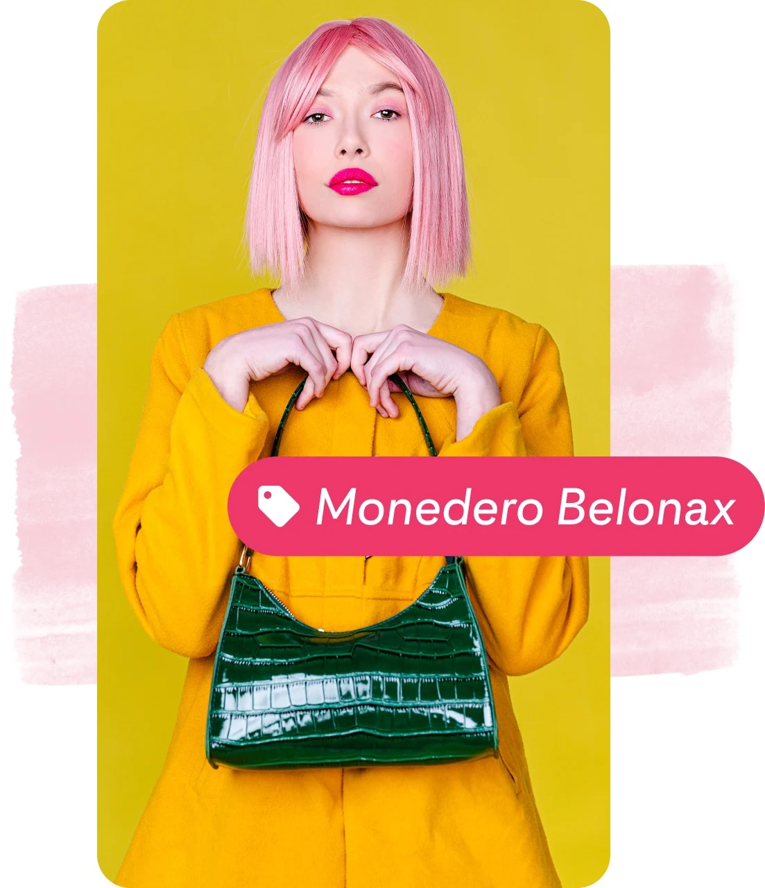 Pin collage of a woman with pink hair and yellow coat holding a green handbag, with a pink product tag.