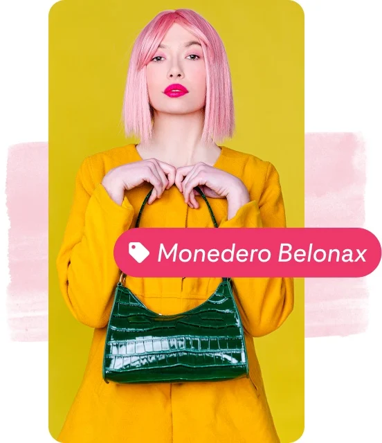 Pin collage of a woman with pink hair and yellow coat holding a green handbag, with a pink product tag.