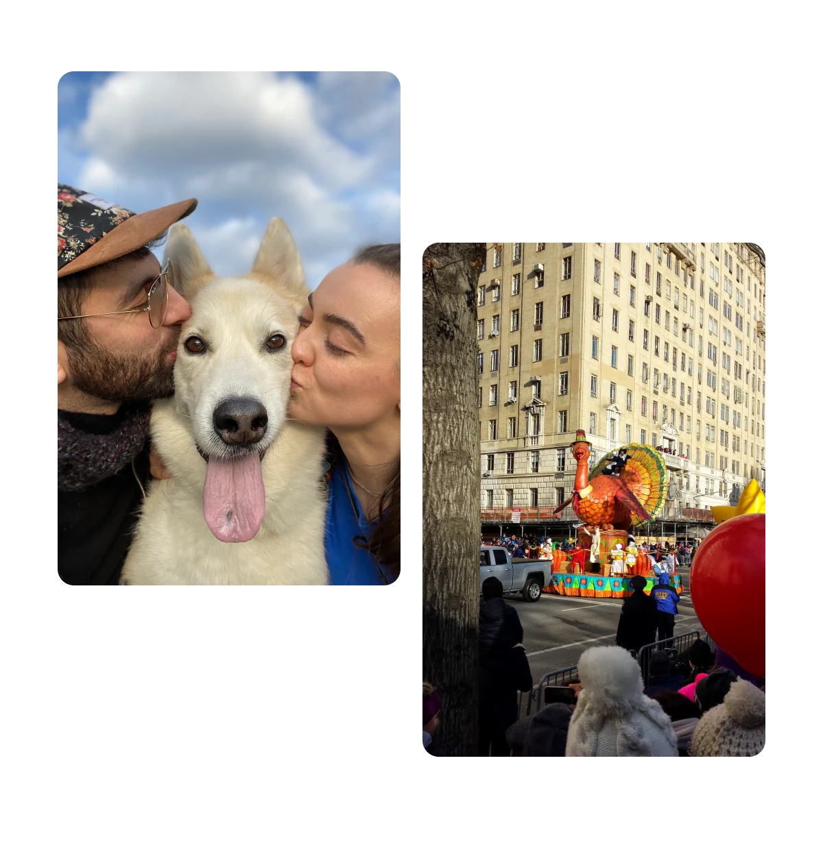 Two pins, couple kissing dog, thanksgiving parade