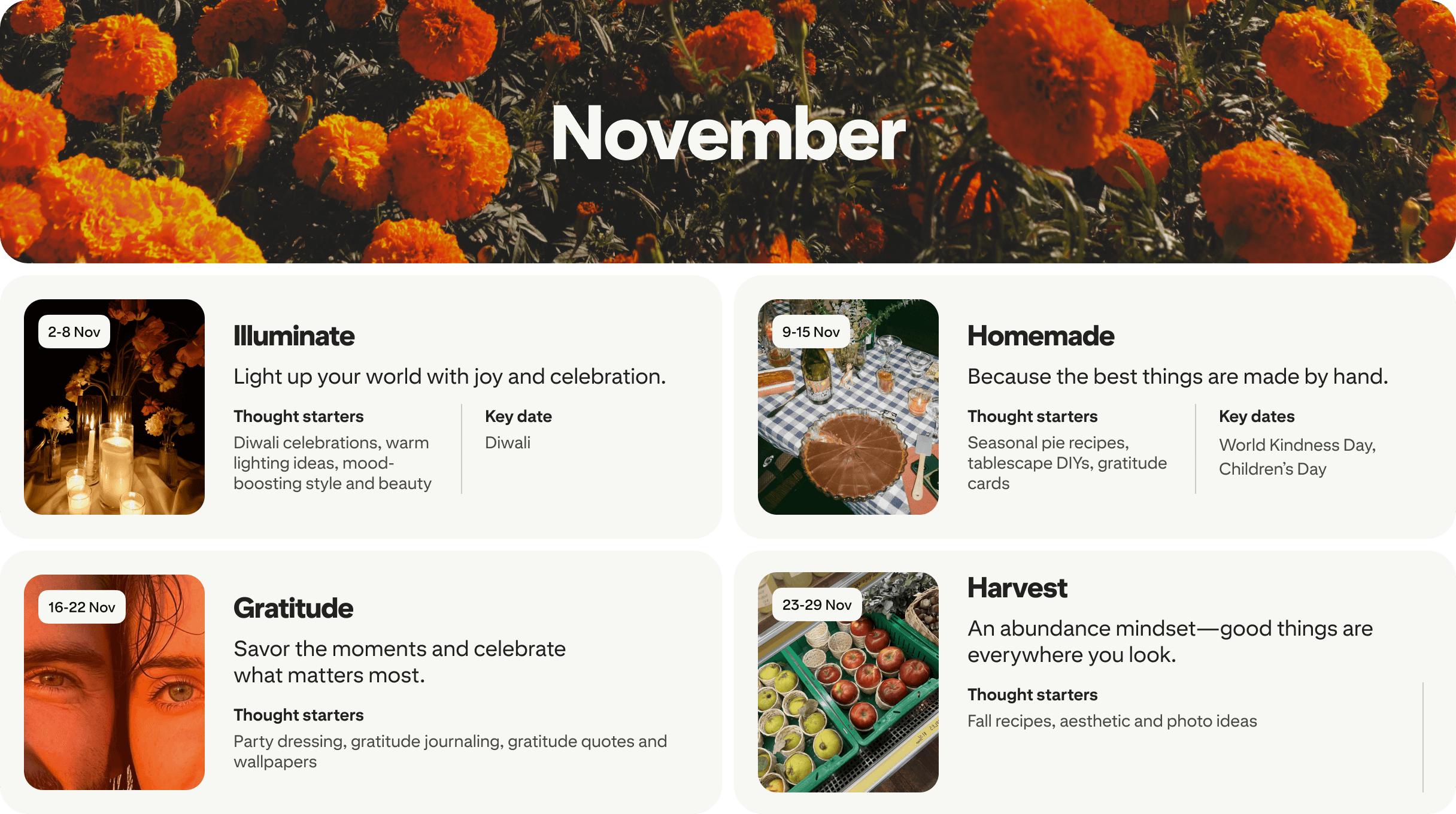 November planner view with four cards: Illuminate, Homemade, Gratitude and Harvest, each dated and paired with photos.