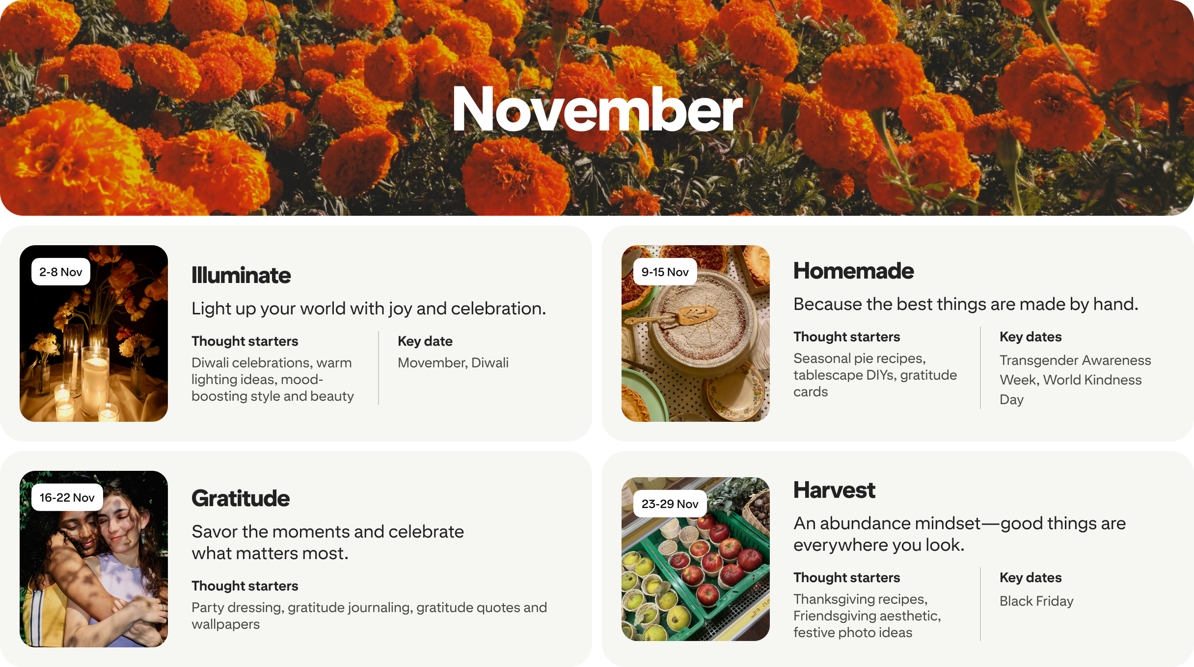 November planner view with four cards: Illuminate, Homemade, Gratitude and Harvest, each dated and paired with photos.