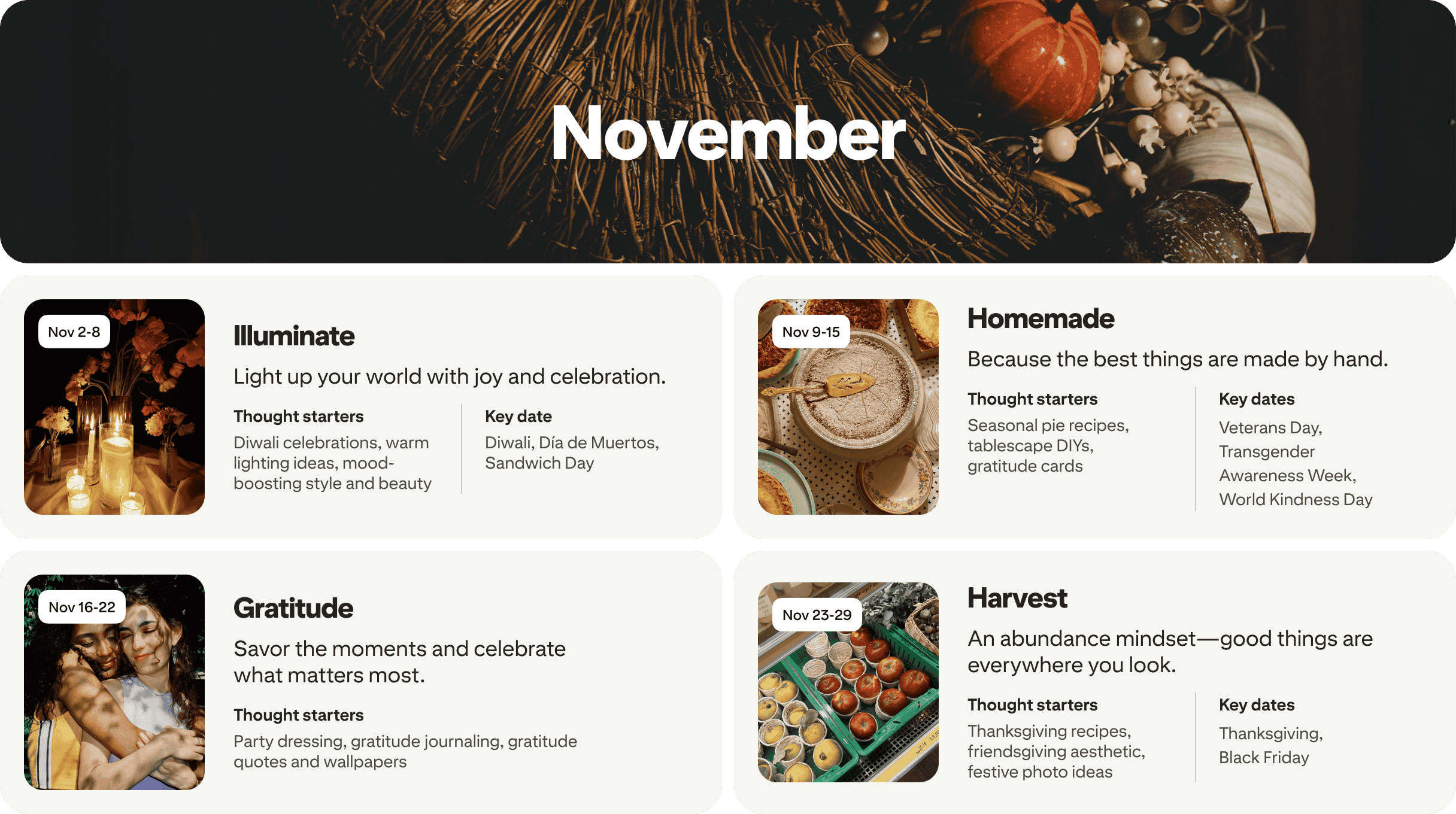 November planner view with four cards: Illuminate, Homemade, Gratitude and Harvest, each dated and paired with photos.