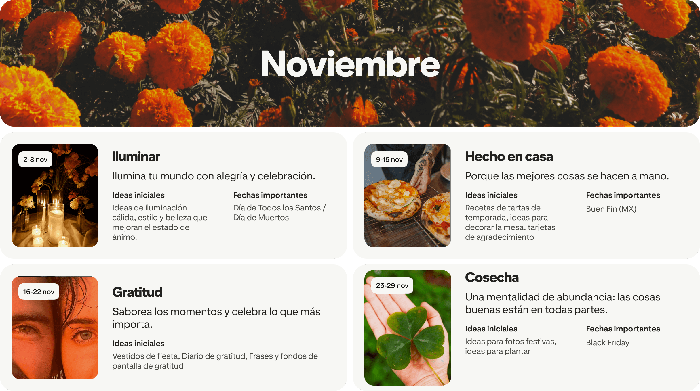 November planner view with four cards: Illuminate, Homemade, Gratitude and Harvest, each dated and paired with photos.