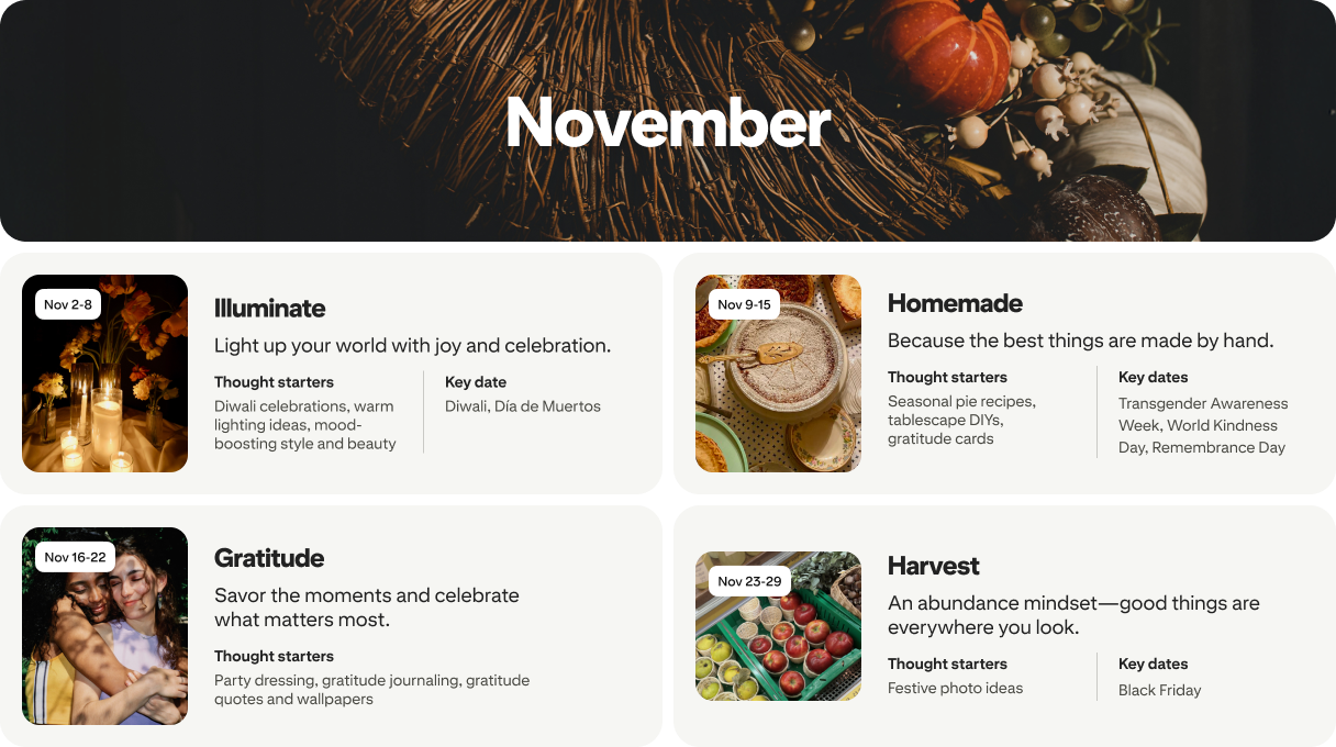 November planner view with four cards: Illuminate, Homemade, Gratitude and Harvest, each dated and paired with photos.