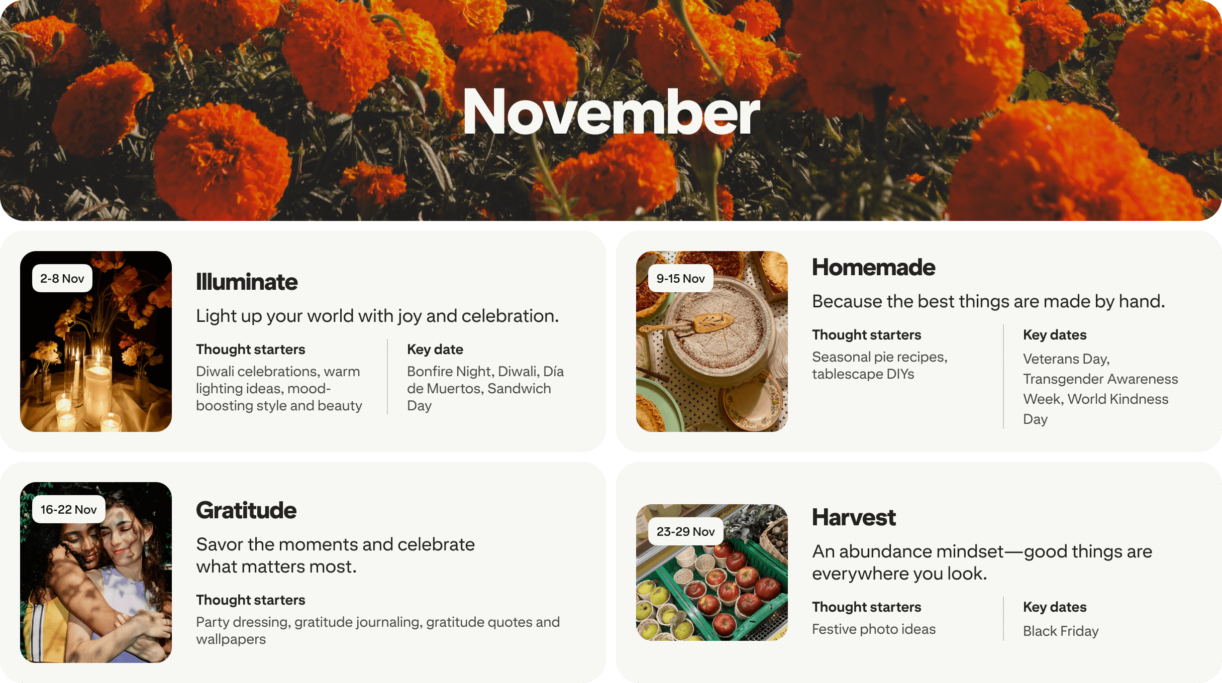November planner view with four cards: Illuminate, Homemade, Gratitude and Harvest, each dated and paired with photos.