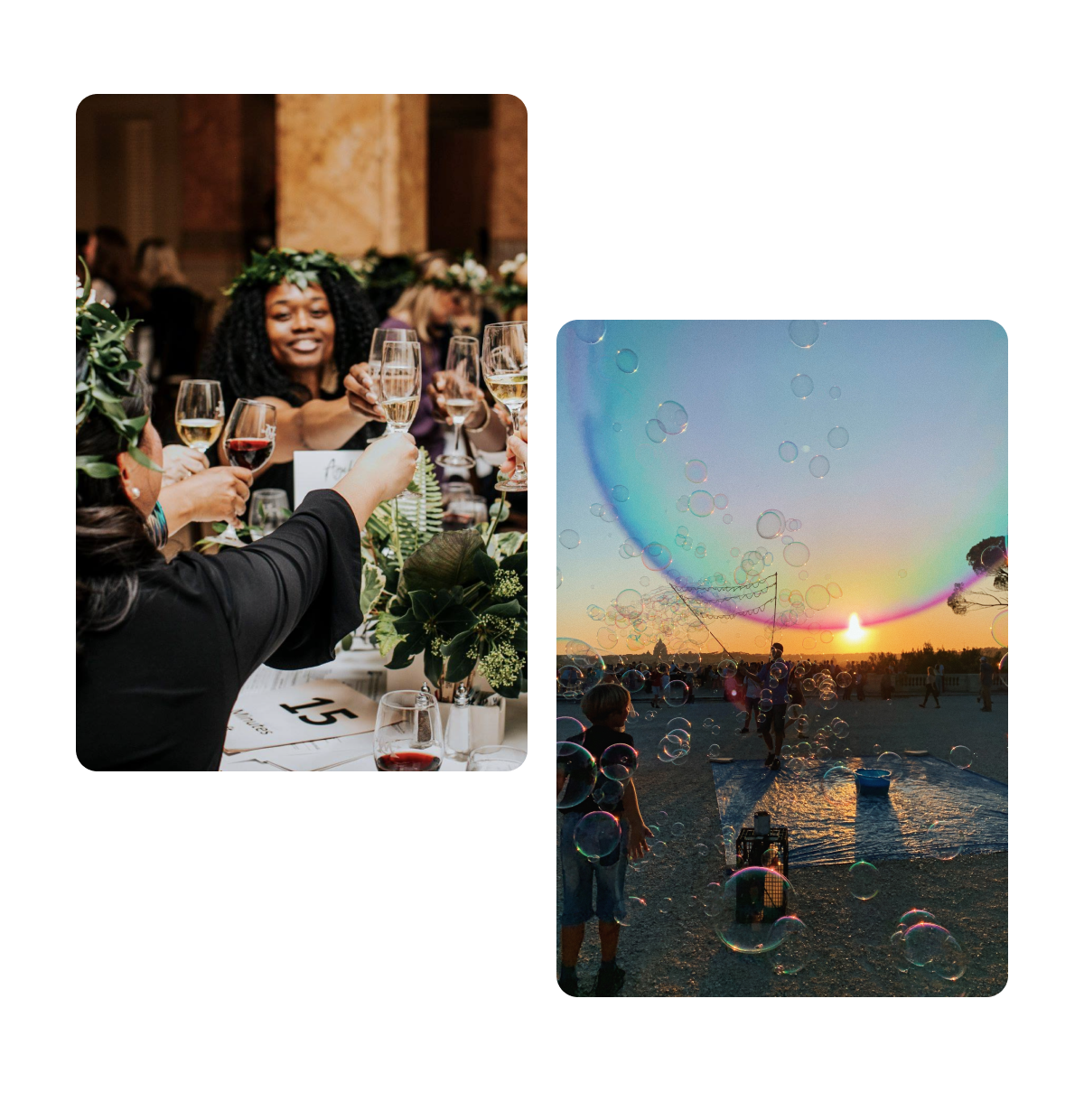 Two pins, outdoor wedding reception, sunset on the beach with bubbles