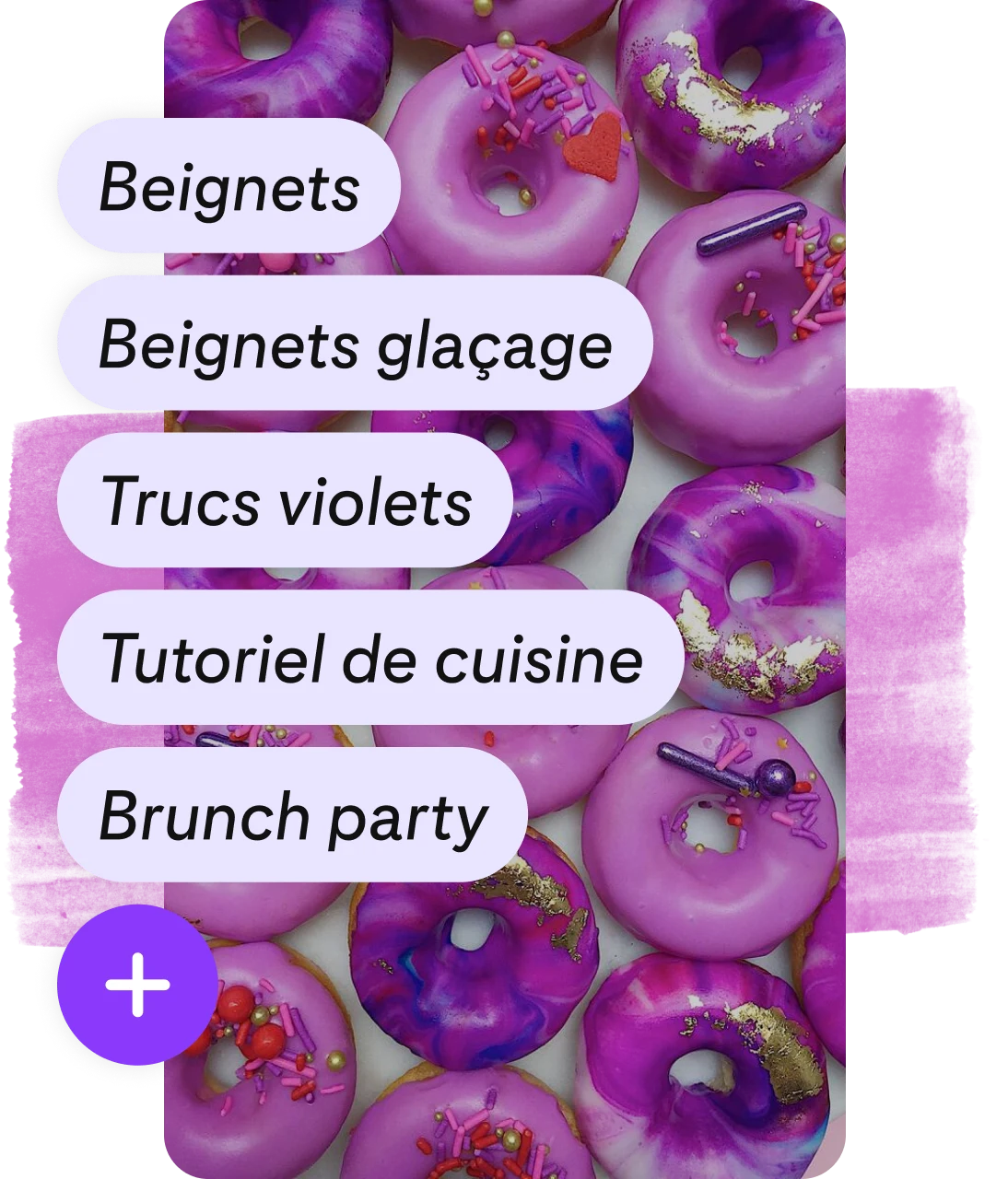 Liste de tags au-dessus d’une épingle représentant des donuts violets
