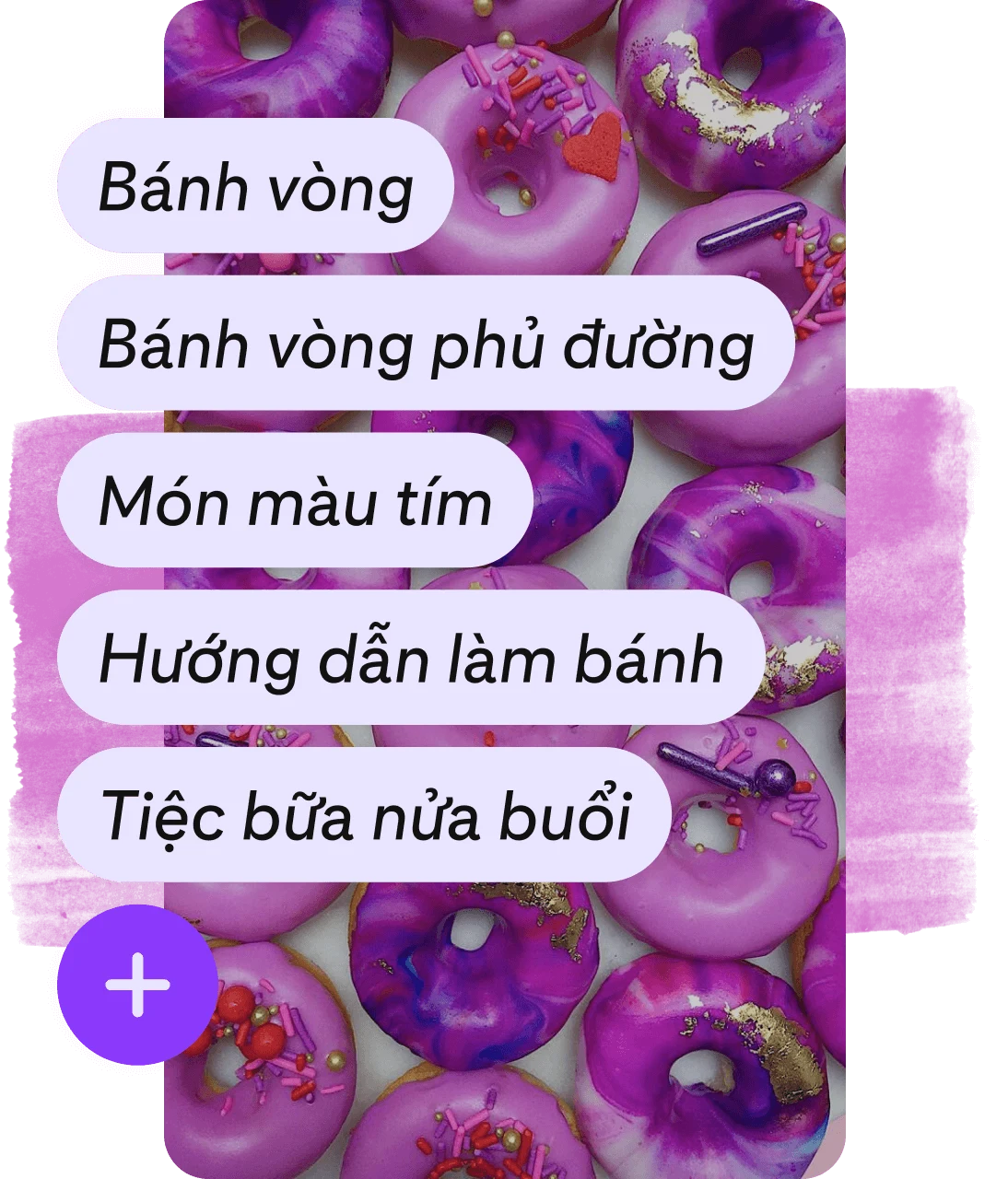 Danh sách các thẻ và nút thêm màu tím có lớp phủ là mục ghim hình bánh vòng màu tím