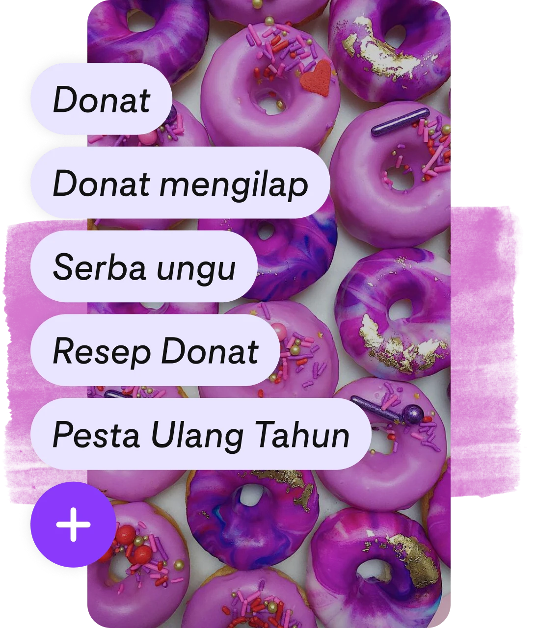 Daftar tag dan tombol tambahkan ungu pada pin donat ungu