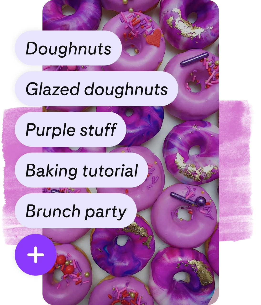 List of tags and a purple ‘add’ button overlaid on a Pin of purple doughnuts