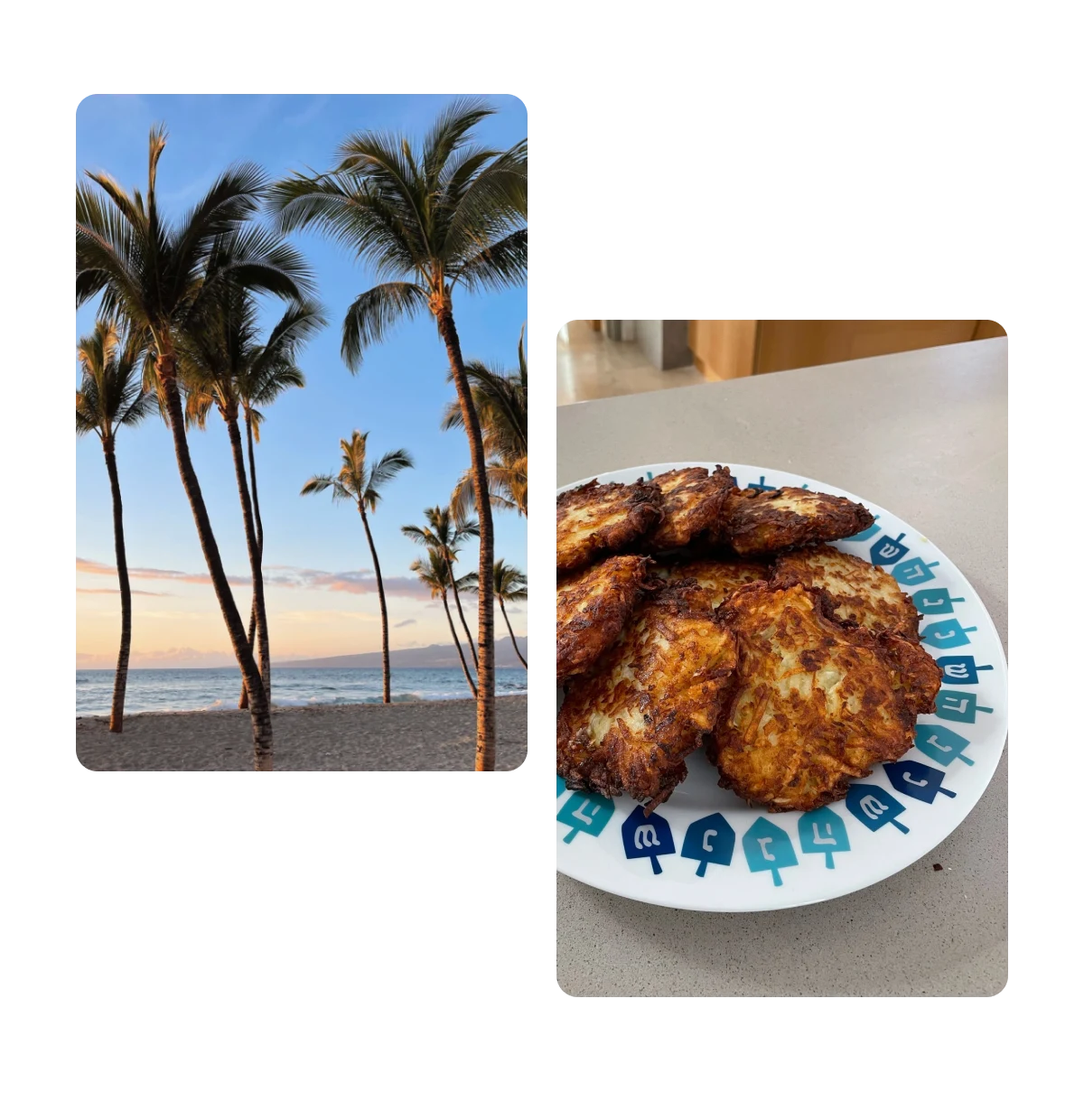 Dois Pins, palmeiras na praia, prato de latkes de batata
