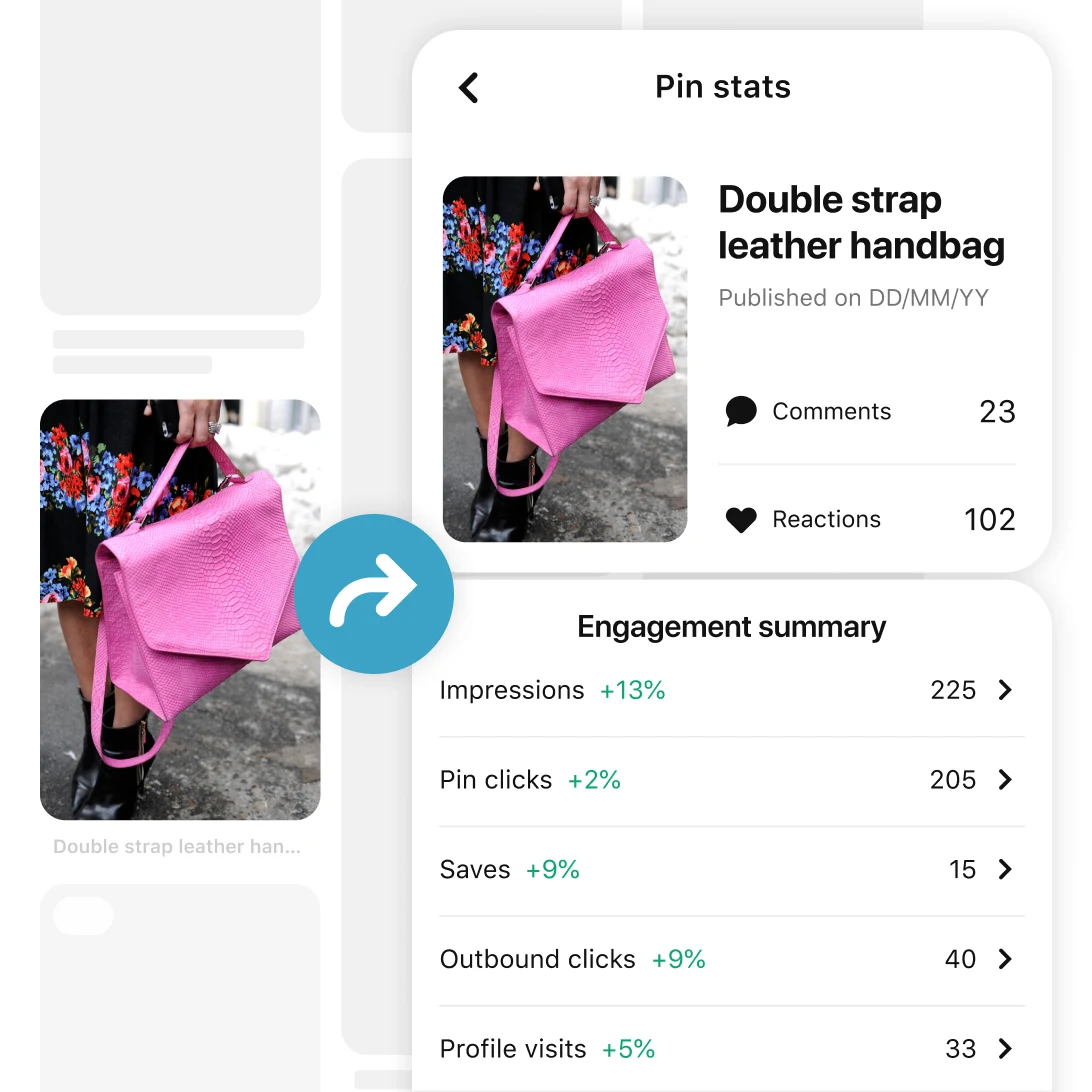 Pin with hand holding a pink handbag and an arrow pointing to Pin stats and engagement summary 