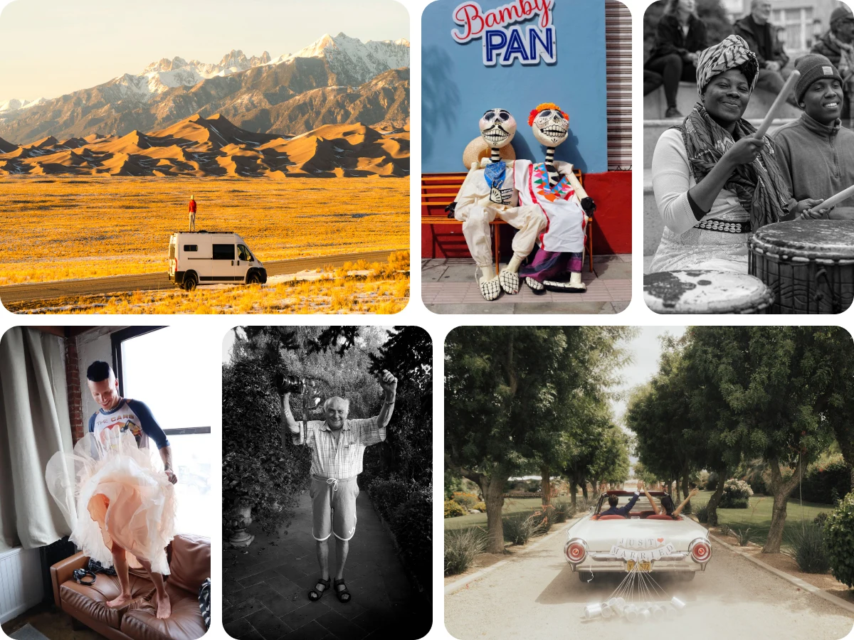 Grid of 6 pins. Travel van, skeletons, woman playing drums, tutu, elderly man smiling, just married car