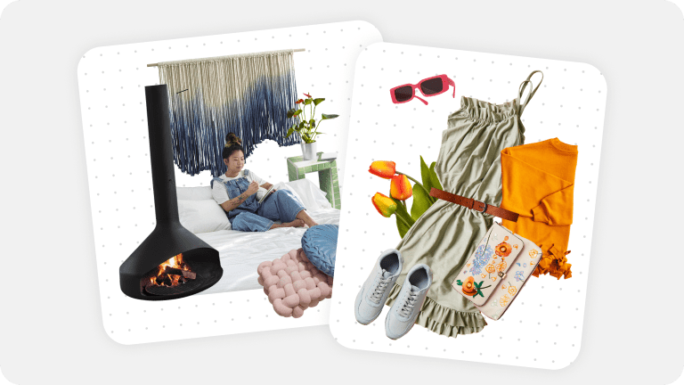 Un collage con ritagli di un camino nero, una donna seduta su un letto bianco e un arazzo. Un secondo collage mostra ritagli di un vestito estivo con orlo arricciato, scarpe da ginnastica bianche e tulipani. 