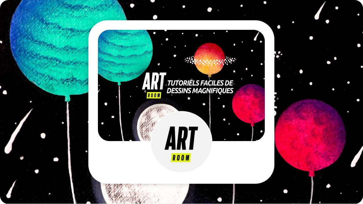 Art Room Pinterest profile and header images including illustrated planets with balloon strings on a black background with white dots. Profile image reads "Art Room"