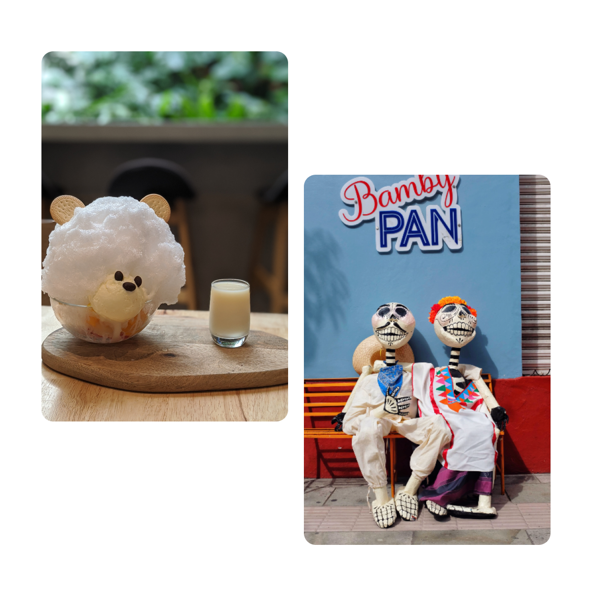 Zwei Pins, Teddybär-Snack mit Milch, Skelette für Dia de Muertos 