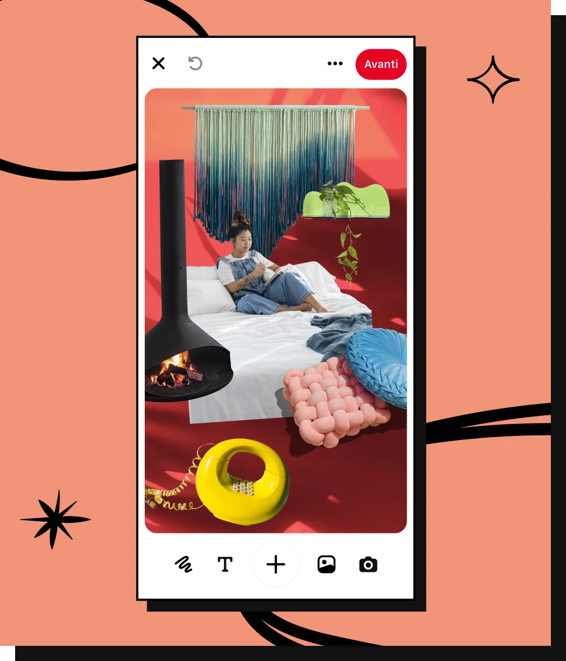 Collage di Pinterest raffigurante un camino moderno nero, un arazzo, cuscini particolari, un telefono retrò giallo e una giovane donna sdraiata su un letto bianco.