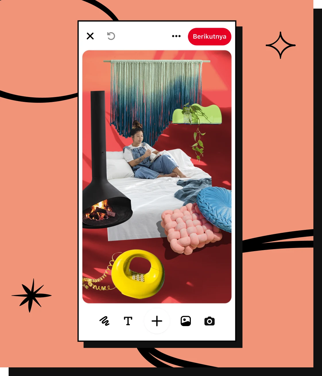 Kolase Pinterest yang menampilkan perapian hitam modern, hiasan dinding, bantal grafis, telepon retro kuning, dan seorang wanita muda yang bersantai di tempat tidur putih.