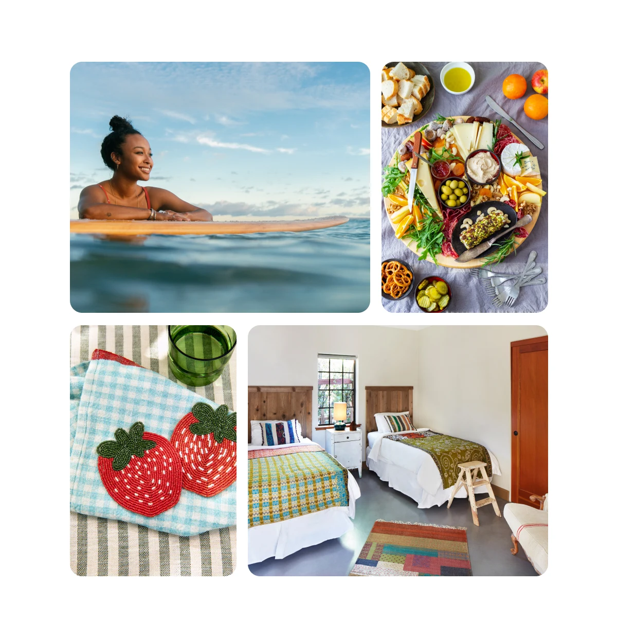 Grid of four images, including aesthetic summer photo ideas, party food platters, summer arts and crafts projects, shared bedroom ideas