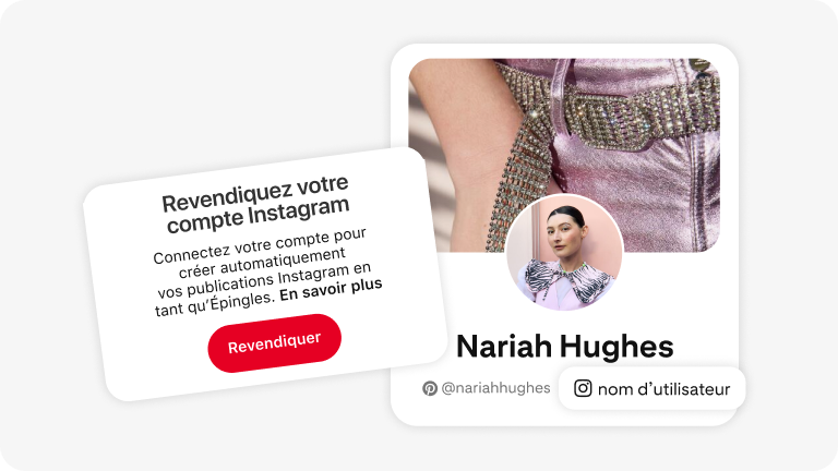 Image disant aux utilisateurs : « Revendiquez votre compte Instagram ». Comprend un bouton rouge intitulé « Revendiquer » et un texte sur la fonctionnalité. À droite, une carte de profil Pinterest de Nariah Hughes avec sa photo et ses pseudonymes.