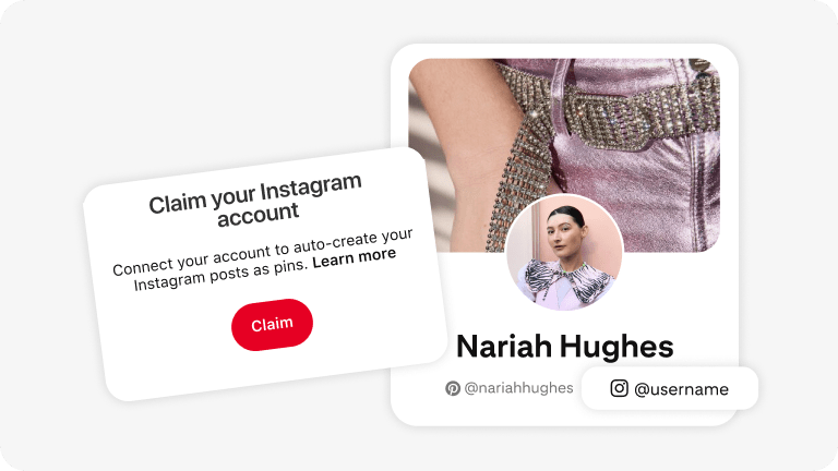 Graphic prompting users to ‘Claim your Instagram account’. Includes a red button labelled ‘Claim’ and text about connecting the account. On the right, a Pinterest profile card for Nariah Hughes displays her photo and social media handles.