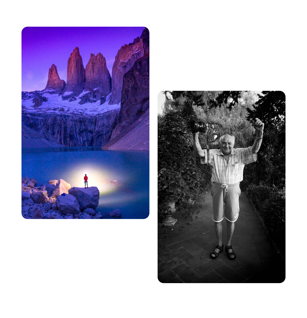 Zwei Pins, Berge und ein eisiger See, glücklicher älterer Mann