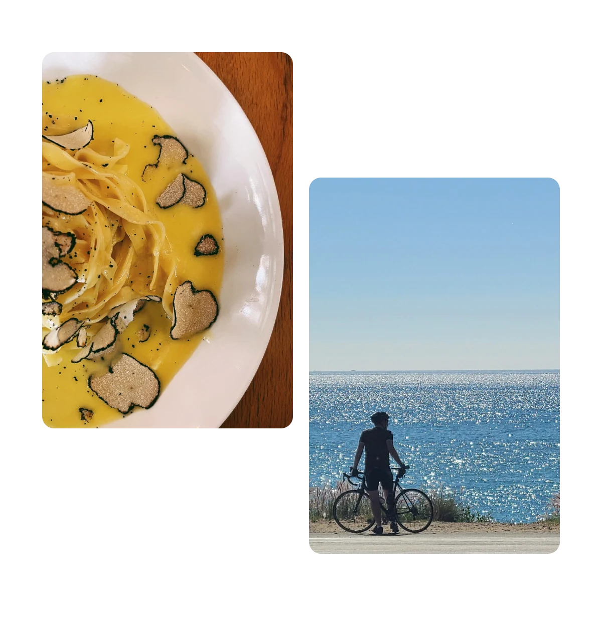 Dois Pins, um prato com massa trufada, um ciclista olhando o mar